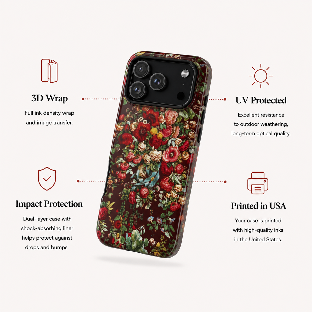 Burgundy Floral Tough Phone Case | Romantic Rose Botanical Case